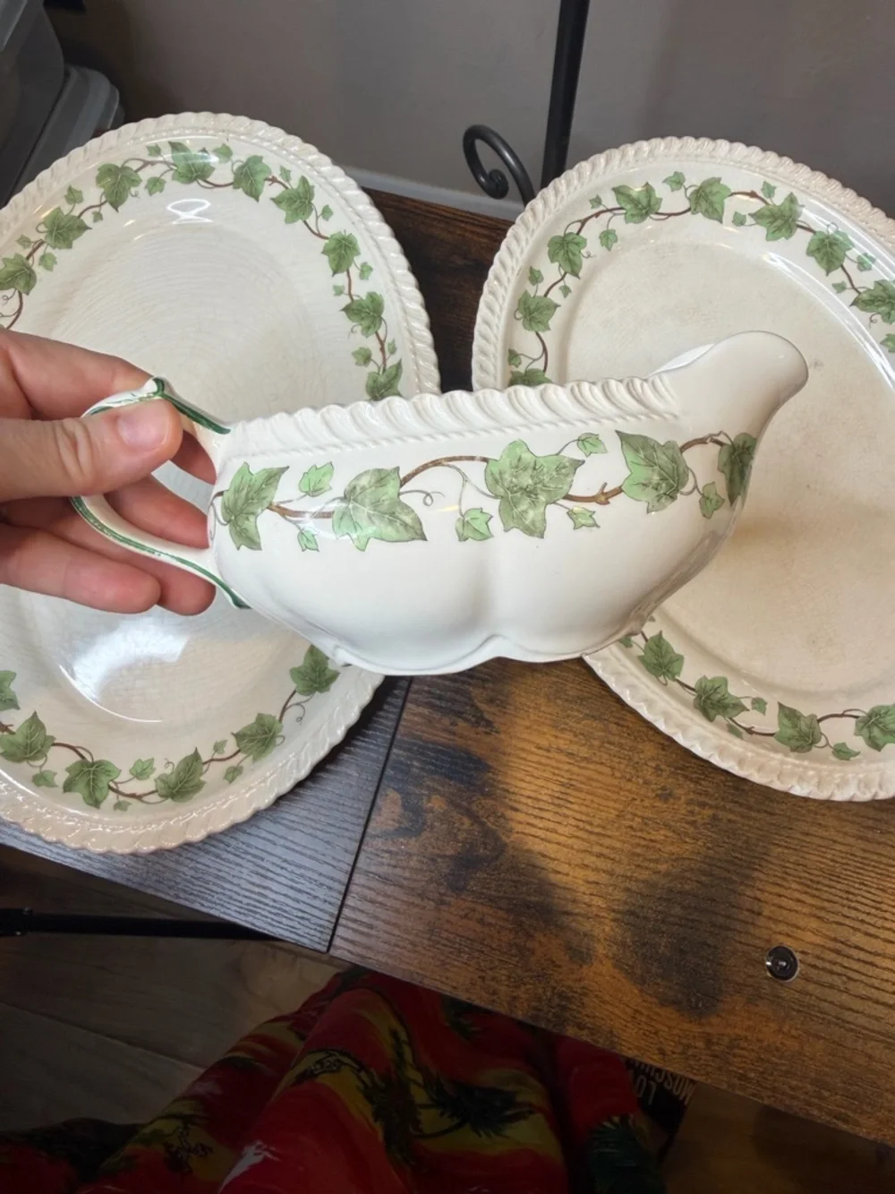 Vintage Harker Pottery Royal Gadroon Green Ivy 2 Serving Platter 1 Gravy Boat